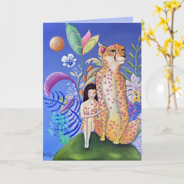 Cheetah and Girl Art Empathy Support  Card (Yellow Flower)