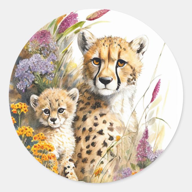 Cheetah Baby and Mom Classic Round Sticker (Front)