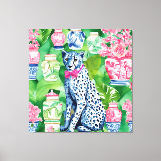 Cheetah, banana leaves and chinoiserie jars canvas print
