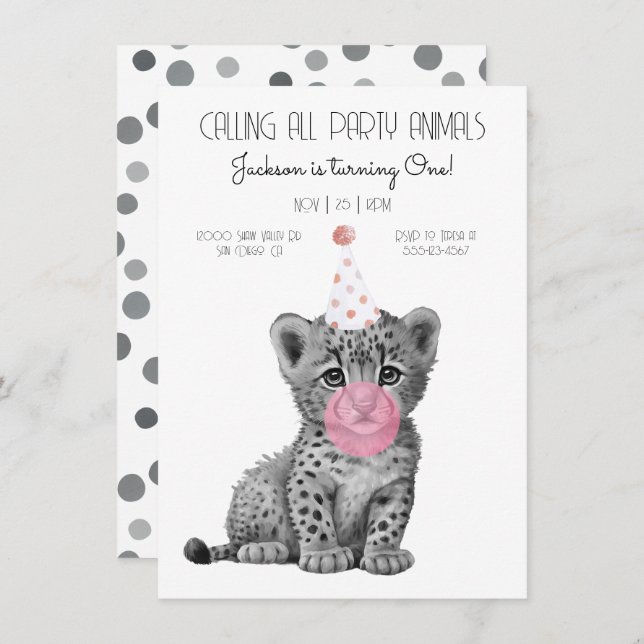 Cheetah bébé noir et blanc Invitation d'anniversai (Devant / Derrière)