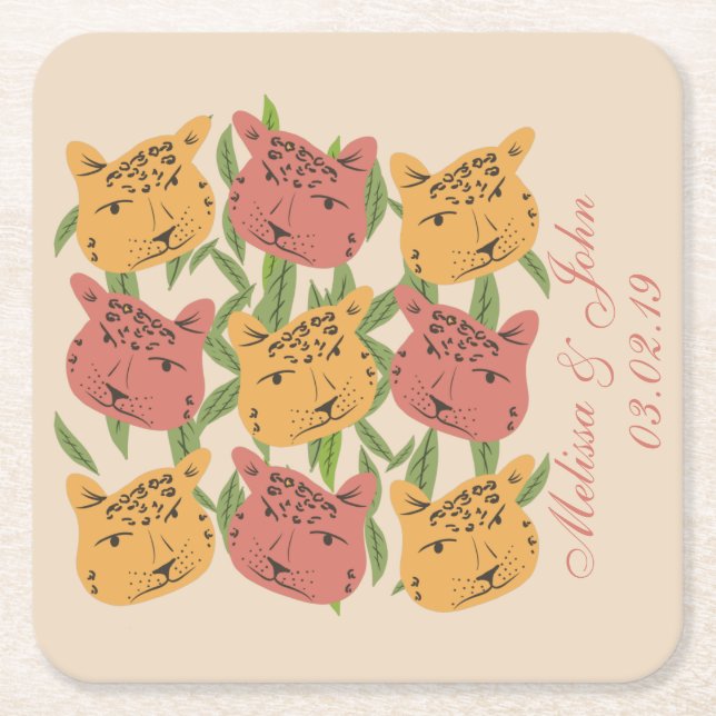 Cheetah Bridal Shower Jungle Plants   Square Paper Coaster (Front)