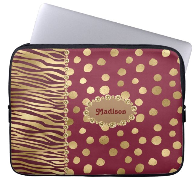 Cheetah Burgundy Gold Metallic Chic Bling Name Laptop Sleeve (Front)