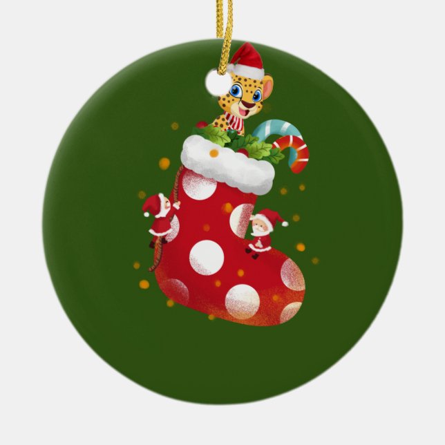 Cheetah Christmas Socking Ceramic Ornament (Front)