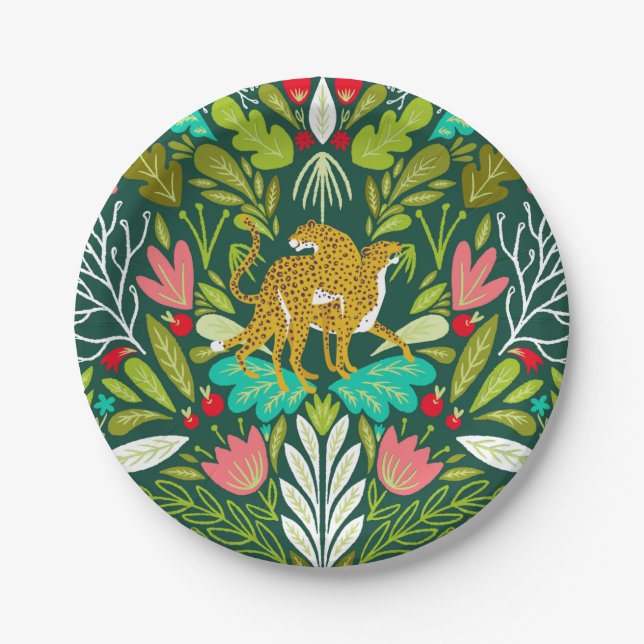 "Cheetah Couple Illustration, Wild Cat Jungle Paper Plate (Front)