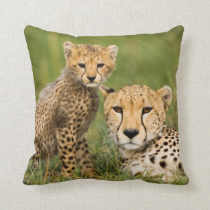 Cheetah Cub and Parent in Grass Throw Pillow