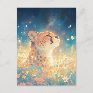 Cheetah Cub in Magical Starry Night Flower Meadow Postcard