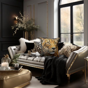 Cheetah Face Mosaic Cat Stylish Black & Gold Throw Pillow