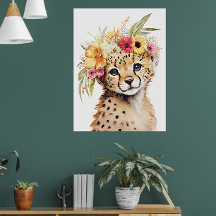 Cheetah Flower Crown Art Print Watercolor Nursery 