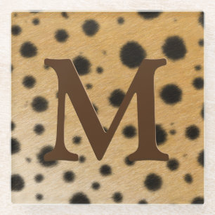 Cheetah Fur Animal Print Dark Brown Monogrammed Glass Coaster