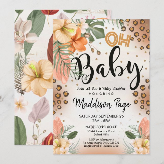 Cheetah Imprimer Baby shower Invitation Safari Bab (Devant / Derrière)