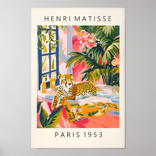 Cheetah In Bathtub Funny Poster, Mid Century Print (Front)
