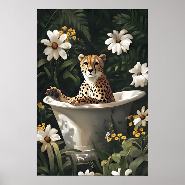 Cheetah In Bathtub Poster, Funny Animal Poster (Front)