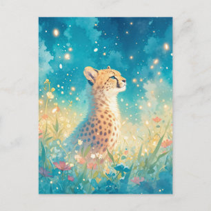 Cheetah in Magical Starry Night Wildflower Meadow Postcard