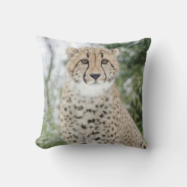 Cheetah in Snow Throw Pillow (Front)