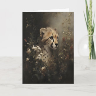 Cheetah in Wildflowers Vintage Oil Painting, Dark Card