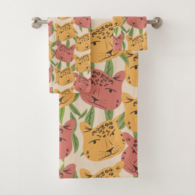Cheetah Jungle Plants  Greenery Coral Green    Bath Towel Set (Insitu)