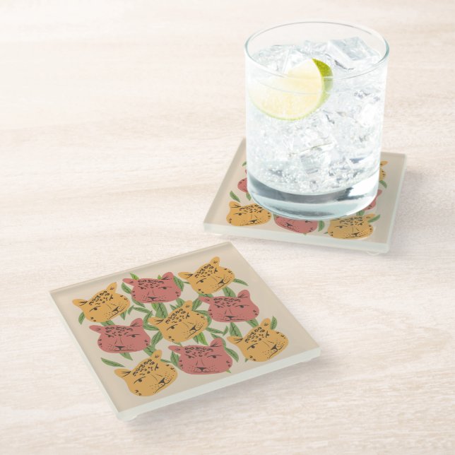 Cheetah Jungle Plants  Greenery Coral Green  Glass Coaster (Angled)