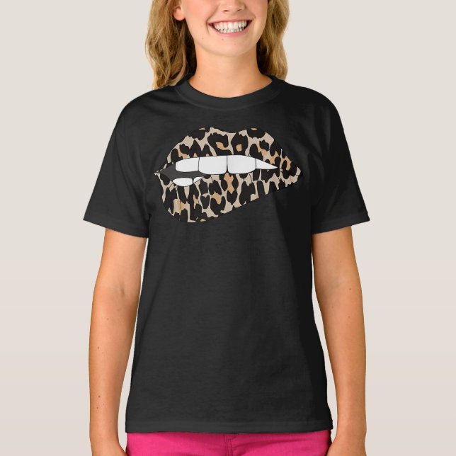 Cheetah Leopard Animal Print Lip Bite T-Shirt (Front)