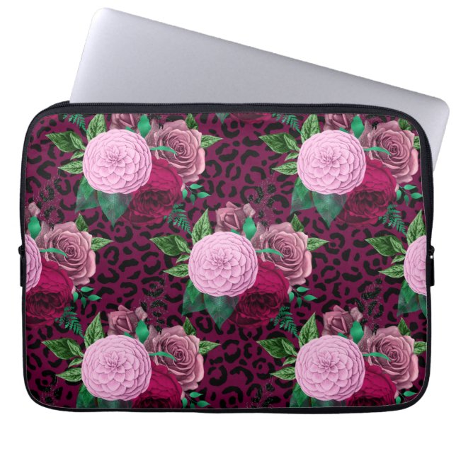 Cheetah Leopard Floral Flower Pattern Laptop Sleeve (Front)