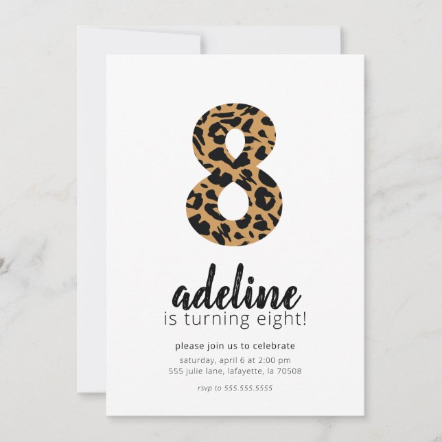 Cheetah / Leopard Print 8th Birthday Invitations (Front)