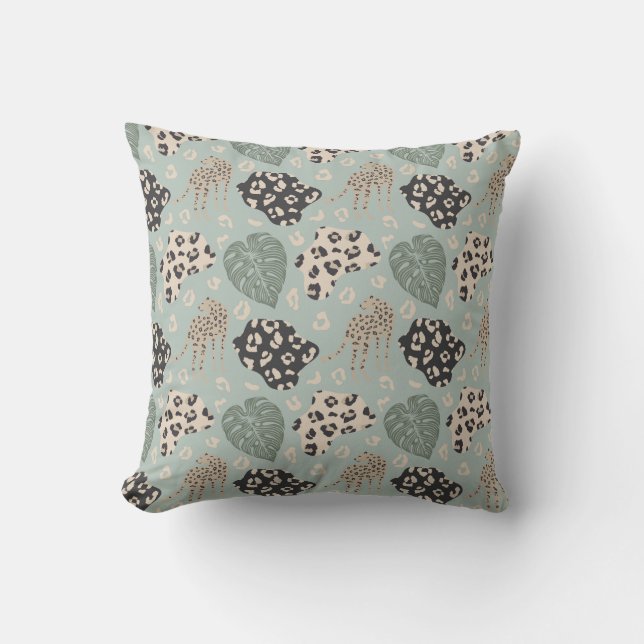 Cheetah Monstera Pattern Green Beige Black Outdoor Pillow (Front)