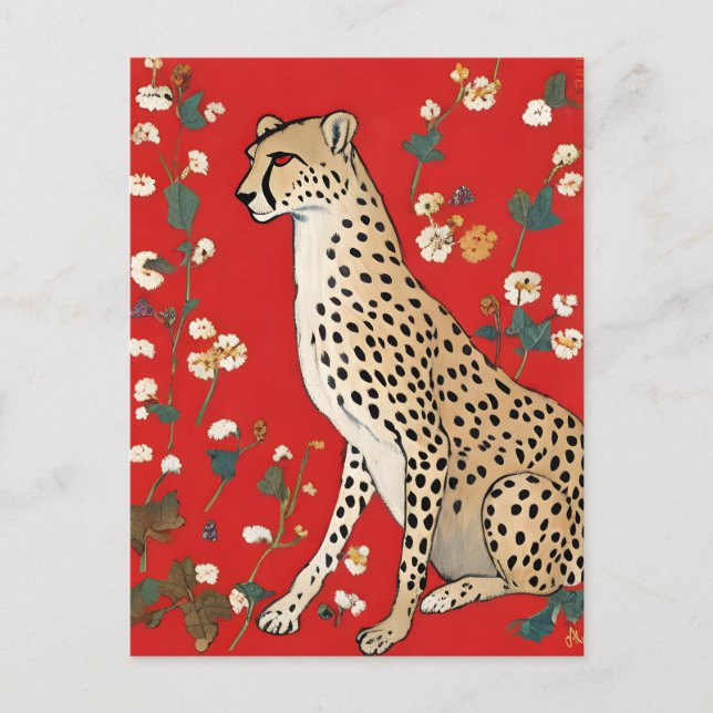 Cheetah on a Red Background With Flowers Postcard (Front)