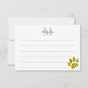 Cheetah Paw Print Custom Lined Monogram Thank You Card