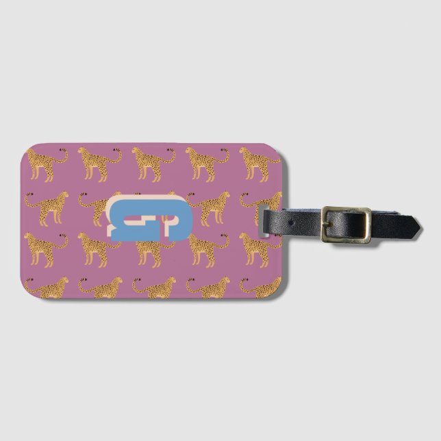 Cheetah, pink leopard monogrammed luggage tag (Front Horizontal)