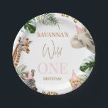 Cheetah Pink Print Safari Wild One 1st Birthday  Paper Plate<br><div class="desc">Cheetah Pink Print Safari Wild One 1st Birthday Paper Plates

Sweet girl's safari themed first birthday paper plates featuring some safari party animals,  party hat,  tropical foliage and a modern calligraphy image heading.  This safari themed first birthday paper plate is ideal for a party animals birthday.</div>