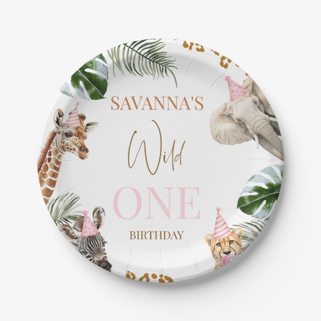 Cheetah Pink Print Safari Wild One 1st Birthday  Paper Plate (Front)
