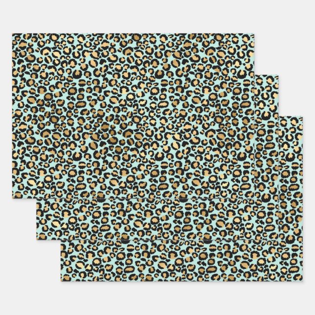 Cheetah Print Blue Background Wrapping Paper Sheet (Set)