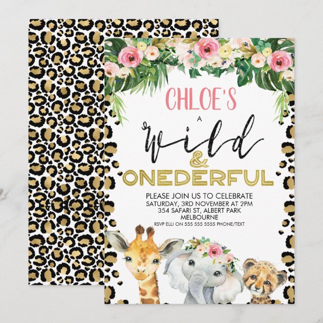 Cheetah Print Floral Onederful Birthday Invitation (Front/Back)