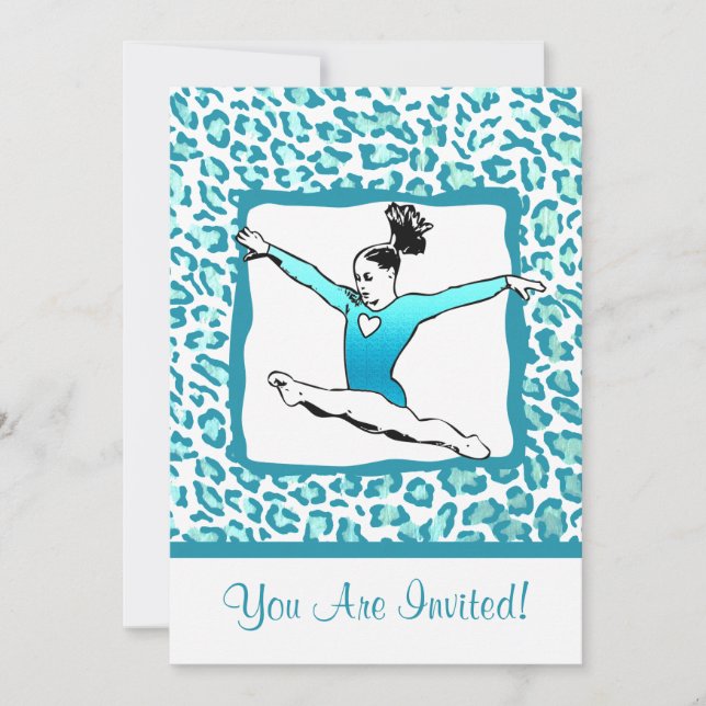 Cheetah Print Gymnastics - turquoise Invitation (Front)