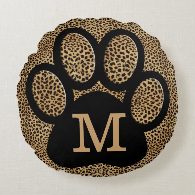Cheetah Print Monogrammed Cat Paw Print Round Pillow (Front)
