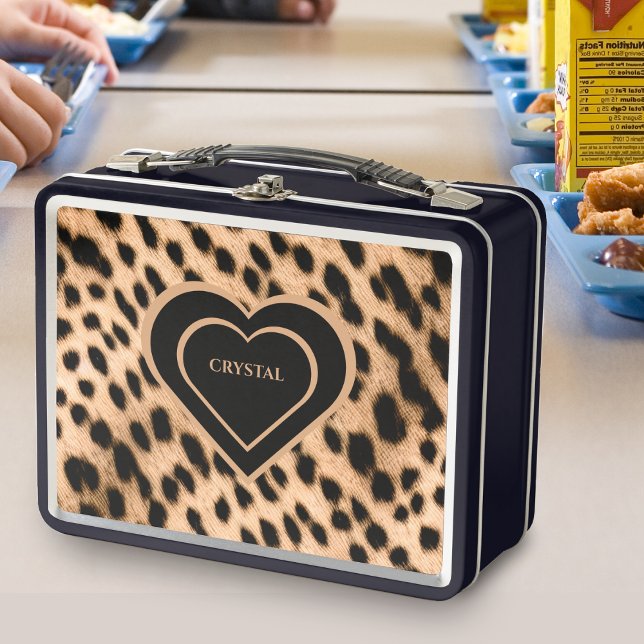 Cheetah Print Pattern Tan Brown & Black Heart Metal Lunch Box (Cheetah Print Pattern Tan Brown & Black Heart Metal Lunch Box)