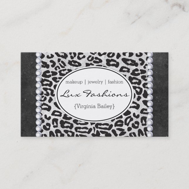 Cheetah Print | Pearls, Slate Texture Business Card (Front)