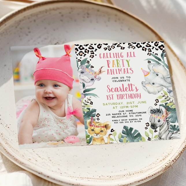 Cheetah Print Photo Calling Party Animals Birthday Invitation (Girls Calling All Party Animals Safari Birthday Invitation, Tribal Headpiece Safari Birthday Party)