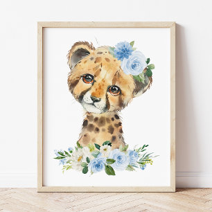 Cheetah, Safari, Jungle, Blue Flowers, Boy Nursery Poster