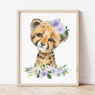 Cheetah, Safari, Purple Flowers, Gender Neutral Poster