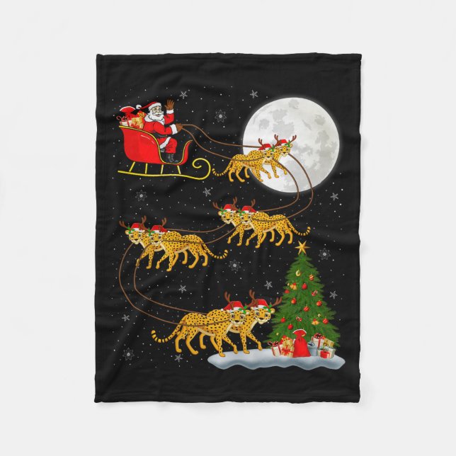 Cheetah Santa Sleigh Flying Funny Magical Christma Fleece Blanket (Front)