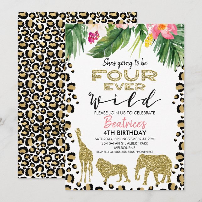 Cheetah Skin Four Ever Wild Birthday Invitation (Devant / Derrière)