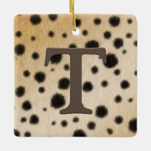 Cheetah Spots Fur Brown Monogram & Custom Message Ceramic Ornament
