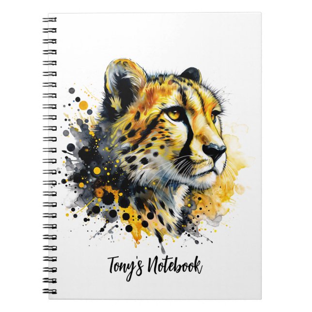 Cheetah Watercolor Gold Black Ink Splatter Notebook (Front)