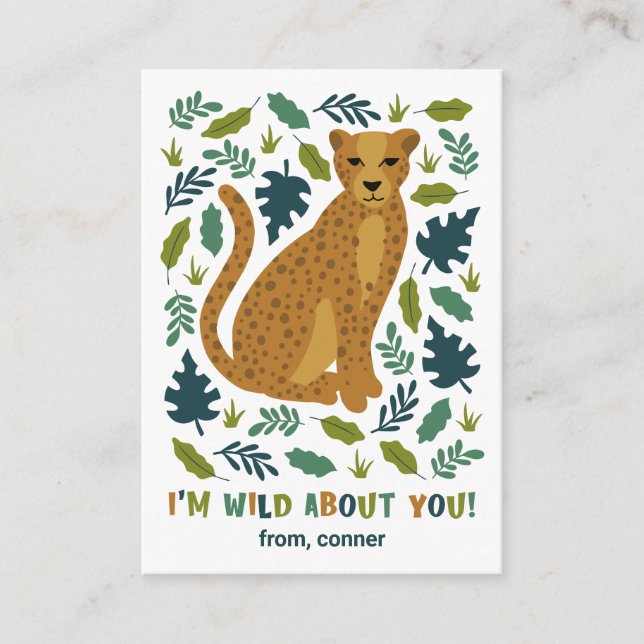 Cheetah Wild About You Classroom Valentine Card (Front)