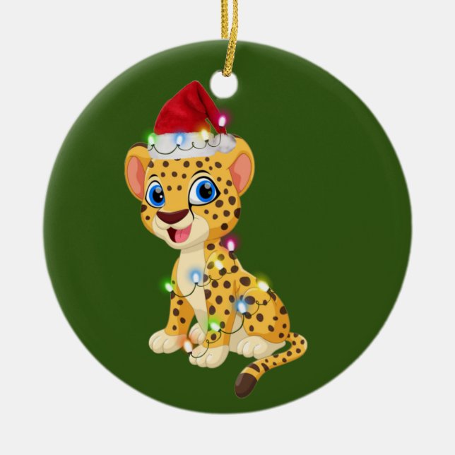 Cheetah With Hat Lights Christmas Ceramic Ornament (Front)