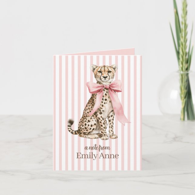 Cheetah With Pink Bow and Stripes Monogram Note Card (Front)