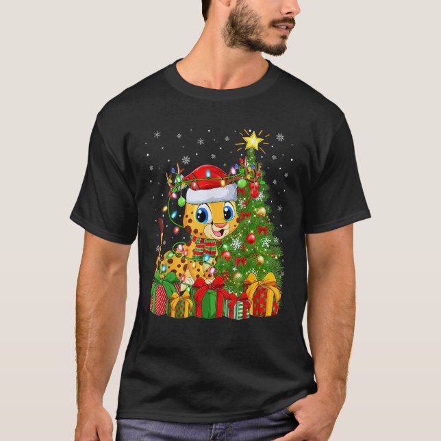Cheetah Xmas Tree Lighting Santa Hat Cheetah Chris T-Shirt (Front)
