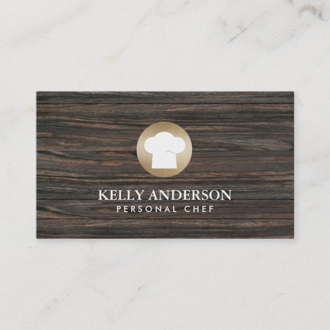 Chef Bakery Catering Gold Logo Wood Modern Business Card (Front)
