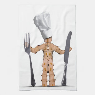 Chef box man character with cutlery kitchen towel