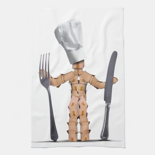 Chef box man character with cutlery kitchen towel (Vertical)